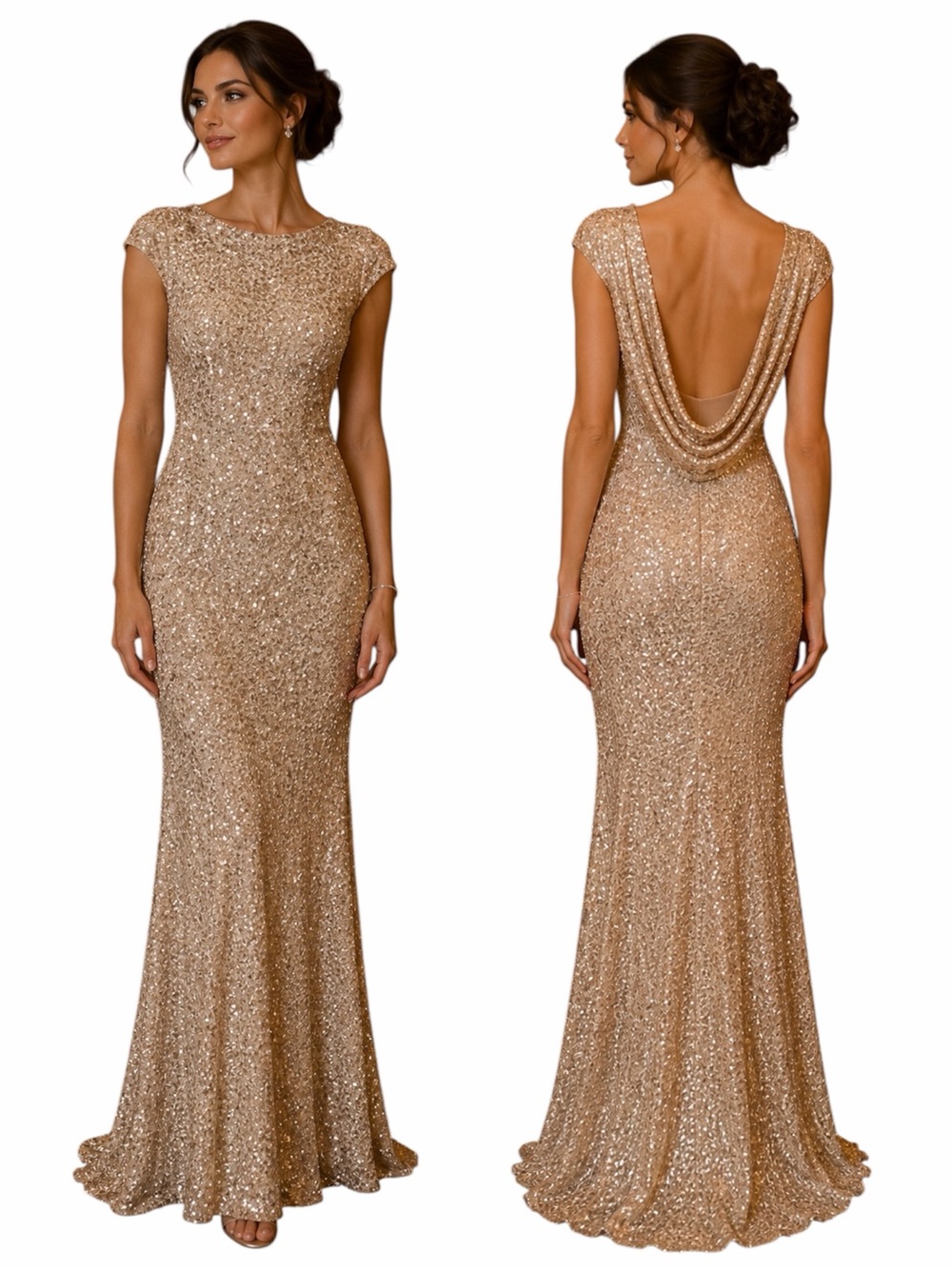 Badgley Mischka Award Winner Gown Size 8 Champagne Sequin Cowl Back Dress